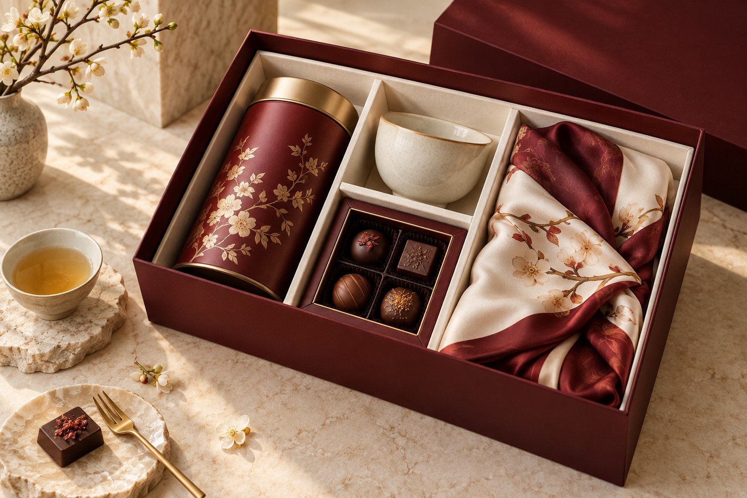 Box quà doanh nghiệp phối trà, gốm, chocolate và khăn lụa